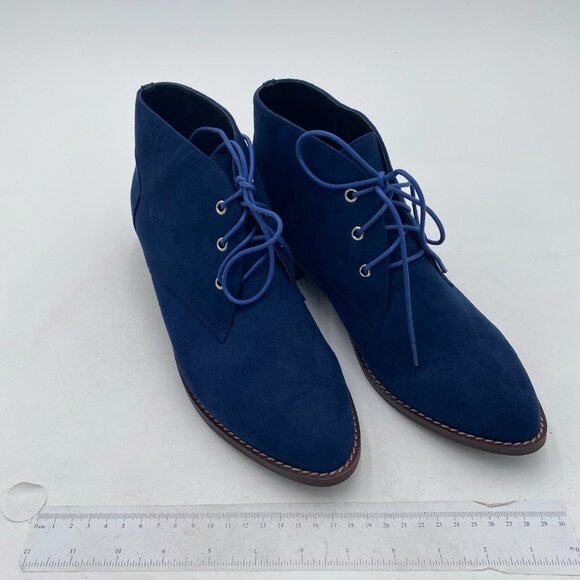 YDN Blue Trendy Low Heel Pointed Toe Lace Up Ankle Boots Fall Winter Booties - Picture 3 of 7